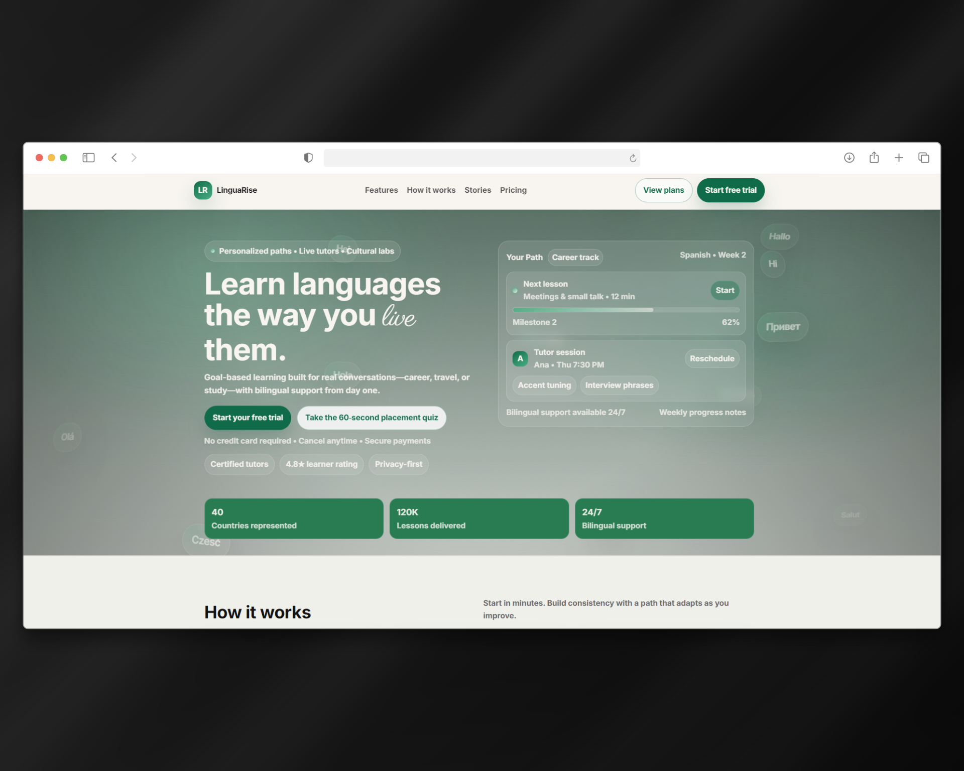 LinguaRise SaaS landing page screenshot