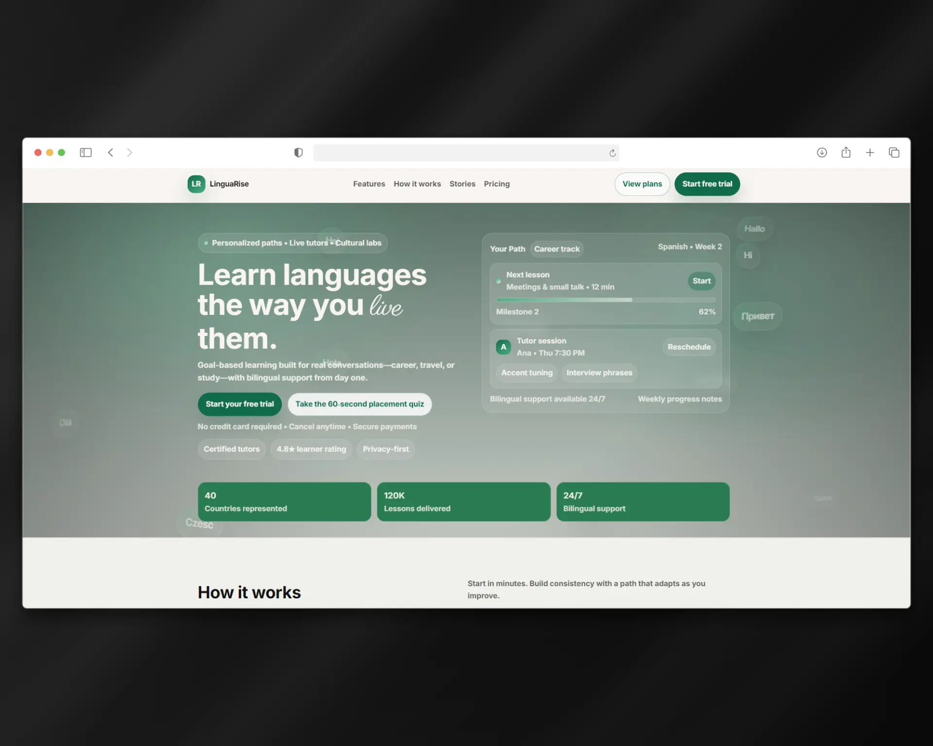 LinguaRise SaaS landing page screenshot